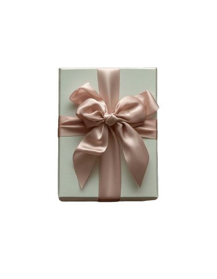 Elegant white gift box wrapped with a soft blush pink satin ribbon and large bow on a transparent background
